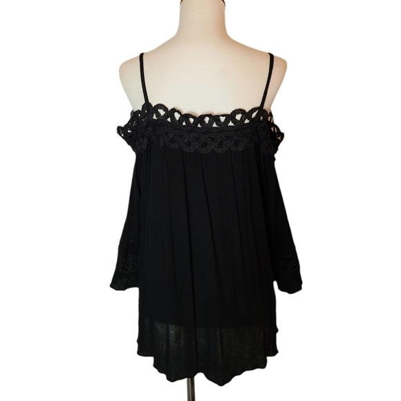 Aqua Black Cold Shoulder Blouse Lace Trim Boho Chic Top Preowned XS - Picture 3 of 8